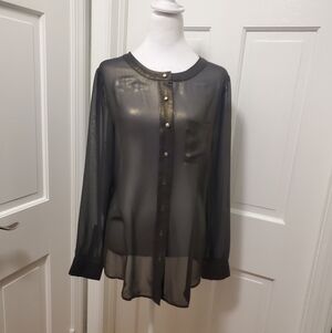 Ann TAYLOR GOLDEN Shimmer Sheer Button Front Blouse Size 12, Stylish, Chic